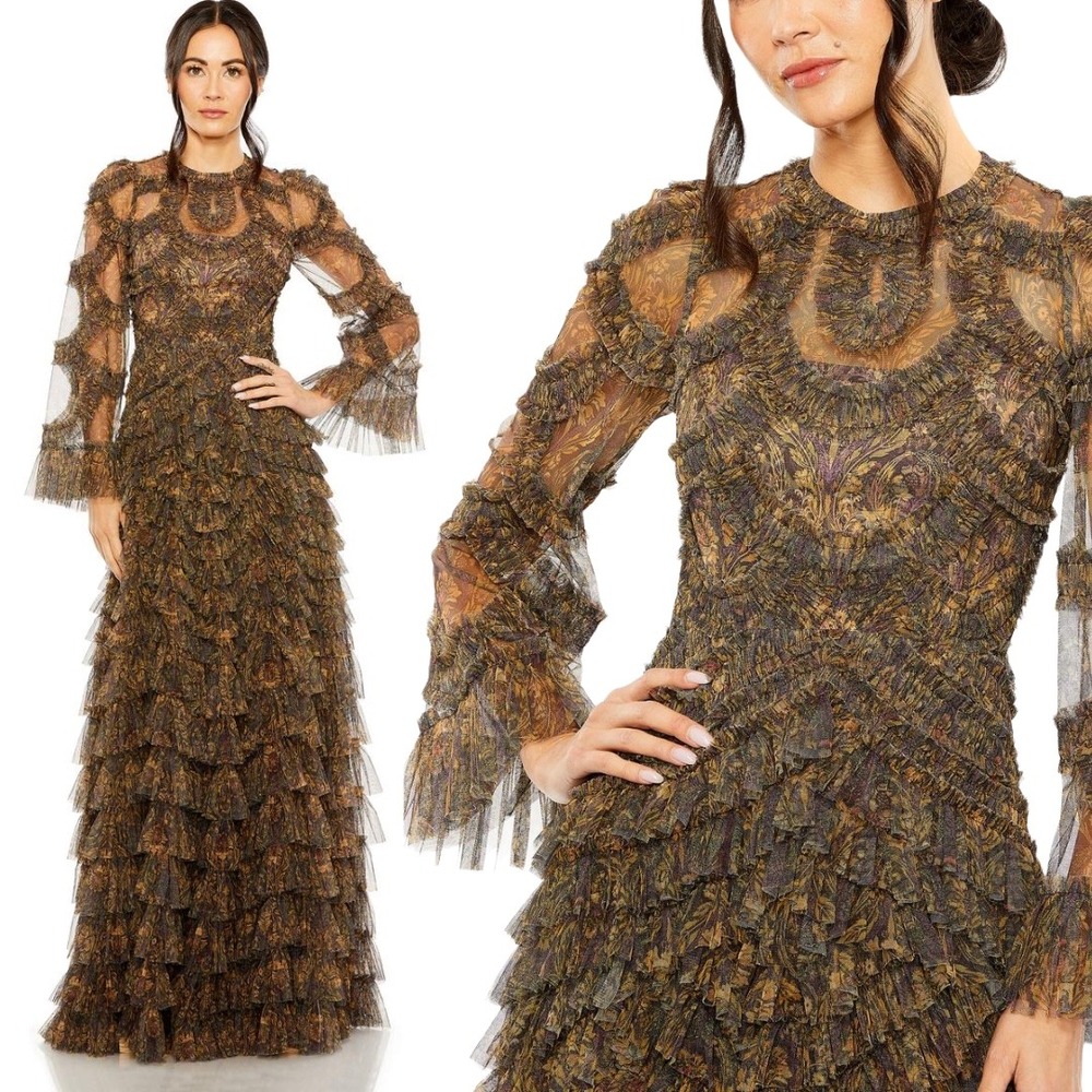 Mac Duggal Brown and Gold Maxi Dress